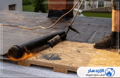 بدء عملية فرد وتركيب لفائف العزل على قاعدة خشبية باستخدام الشعلة. هذه الخدمة ضرورية لـ عزل الأسطح في أم القيوين بشكل فعال ودائم. للحجز، شركة الإزدهار 0505587508.